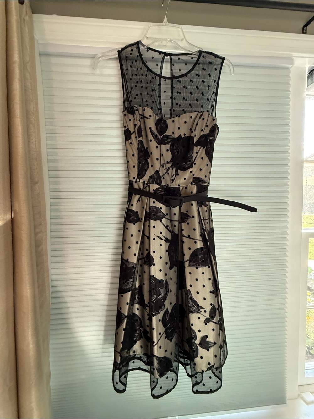 Eliza J Nude and Black Polka Dot Lace Midi Dress